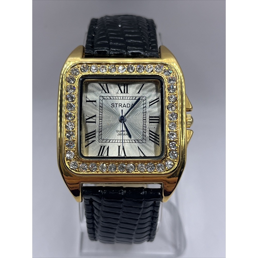 Strada Women's Quartz Watch Rhinestone Bezel Black Leather Band- New Battery
